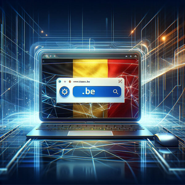 A digital illustration depicting the concept of a .be domain name. The image should feature a sleek, modern laptop with a web browser open, displaying
